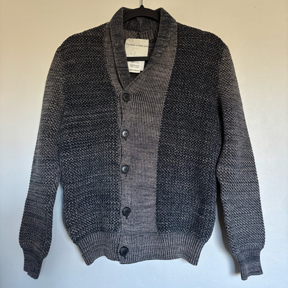 STEPHAN SCHNEIDER Navy Tan Knit Cotton Cardigan Sweater Size 4 Made in Belgium